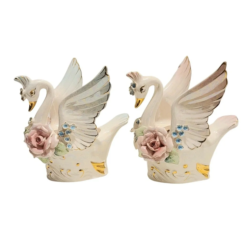Norecrest Lusterware Swan Vases Lot 2 Gold Hand Painted Trinket Vanity Deco MCM